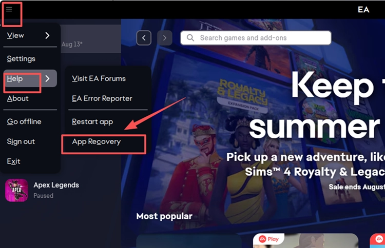 EA-App-Cache mit App Recovery leeren