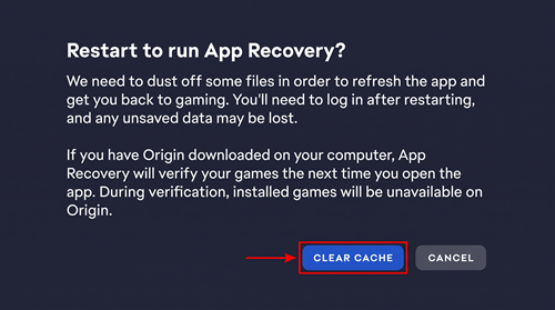 EA App Recovery-Option „Cache leeren“