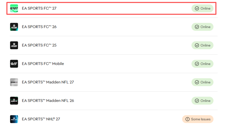 Der Serverstatus von EA FC 27 zeigt „Online“ an.