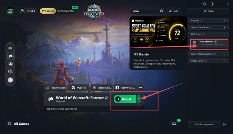 FPS Booster öffnen und FPS Master für WoW Forever ausführen