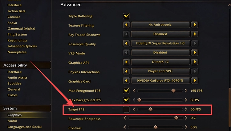 Target Framerate und Low Latency Mode in WoW Forever prüfen