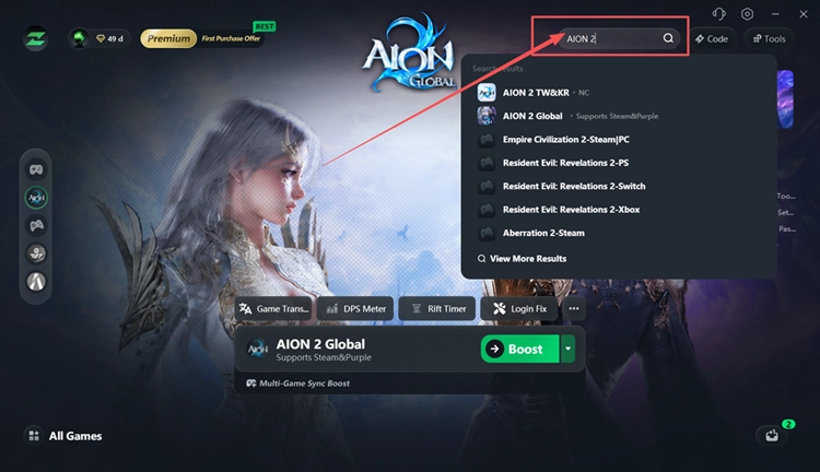 AION 2 in LagZapper auswählen