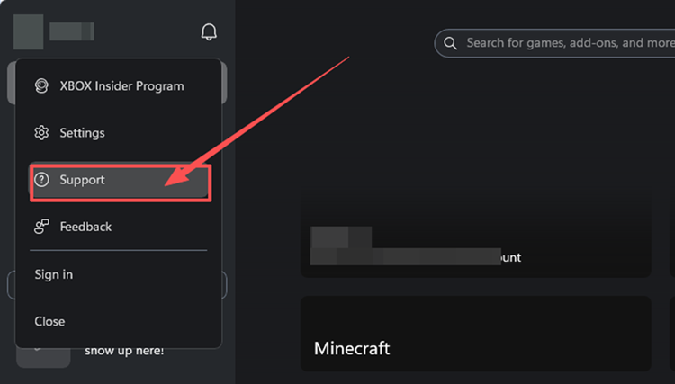 Support im Profilmenü der Xbox-App auswählen