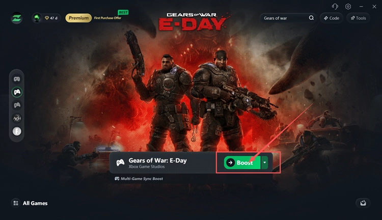 Einen Gears-E-Day-Knoten auswählen und in LagZapper auf Boost klicken