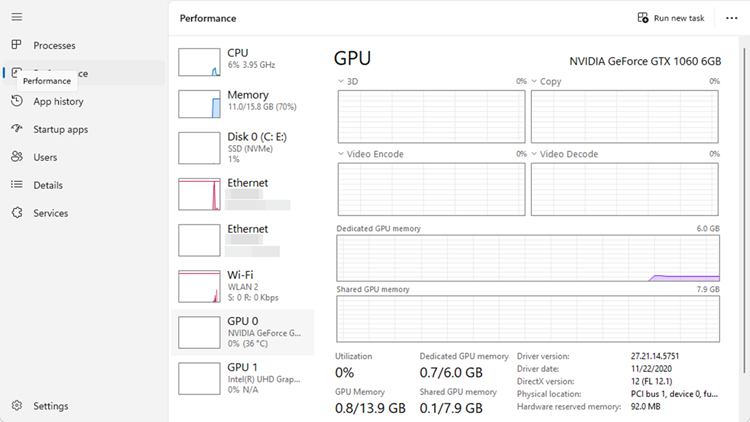 Vérifier le GPU et la VRAM dédiée dans Task Manager