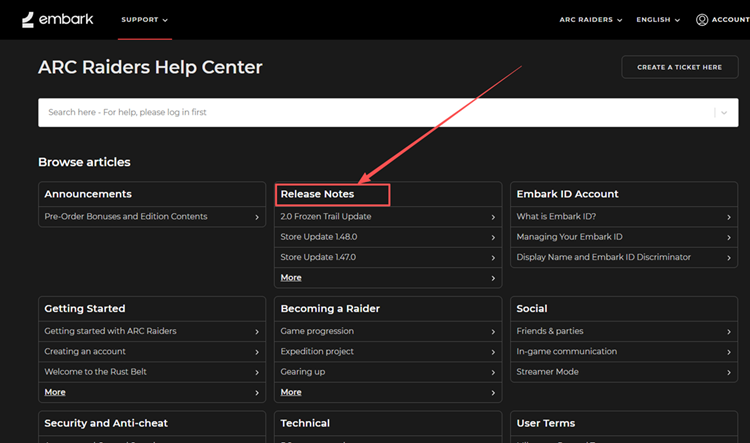 ARC Raiders-Serverupdates im Help Center prüfen