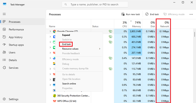 Fermez les applications gourmandes en bande passante dans le Gestionnaire des tâches