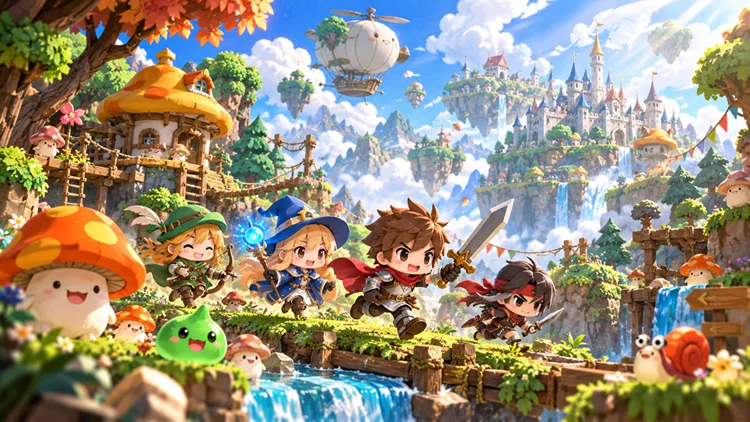 Fantasielandschaft von MapleStory Classic World mit vier Einstiegsklassen