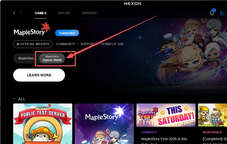 MapleStory Classic World im Nexon Launcher herunterladen