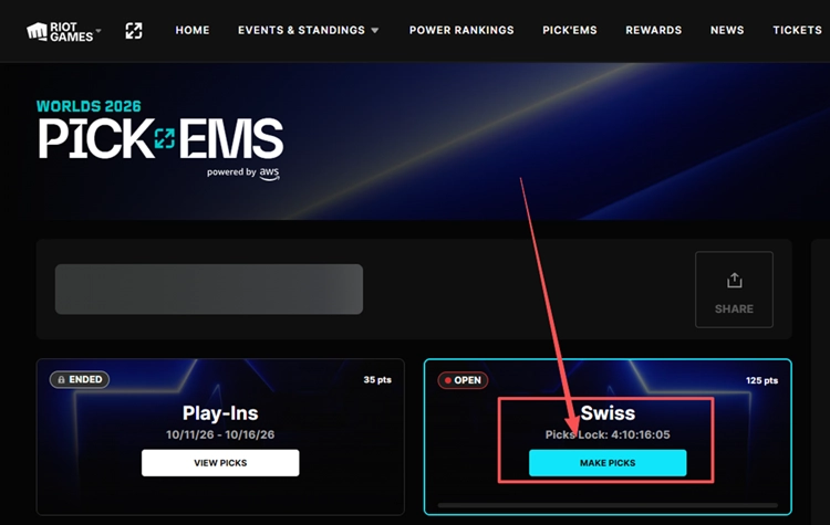Carte des Pick’Ems du système suisse des Worlds 2026 avec le bouton Make Picks