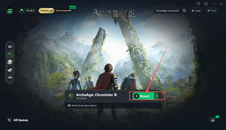 Einen Knoten für ArcheAge Chronicles auswählen und in LagZapper auf Boost klicken