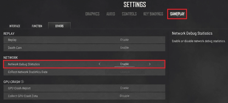 PUBG Ağ Hata Ayıklama İstatistikleri ayarlarından ping kontrolü yapın.